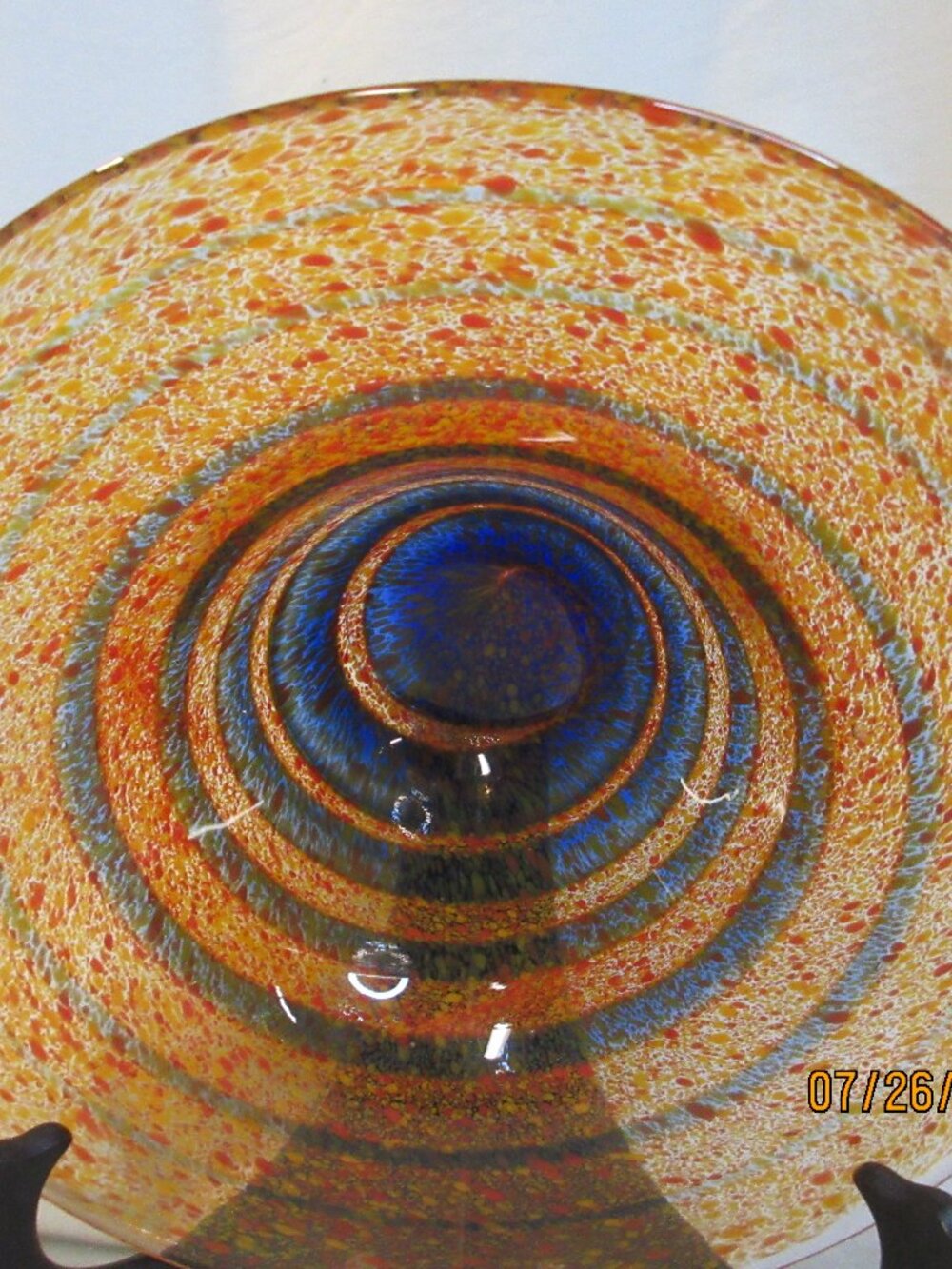 MID CENTURY~ORANGE & BLUE SWIRL ART GLASS BOWL, ROUGH PONTIL~SIGNED & DATED